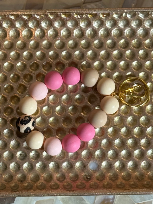 Pink & Cream Tiger Key Chain Silicone Bracelet